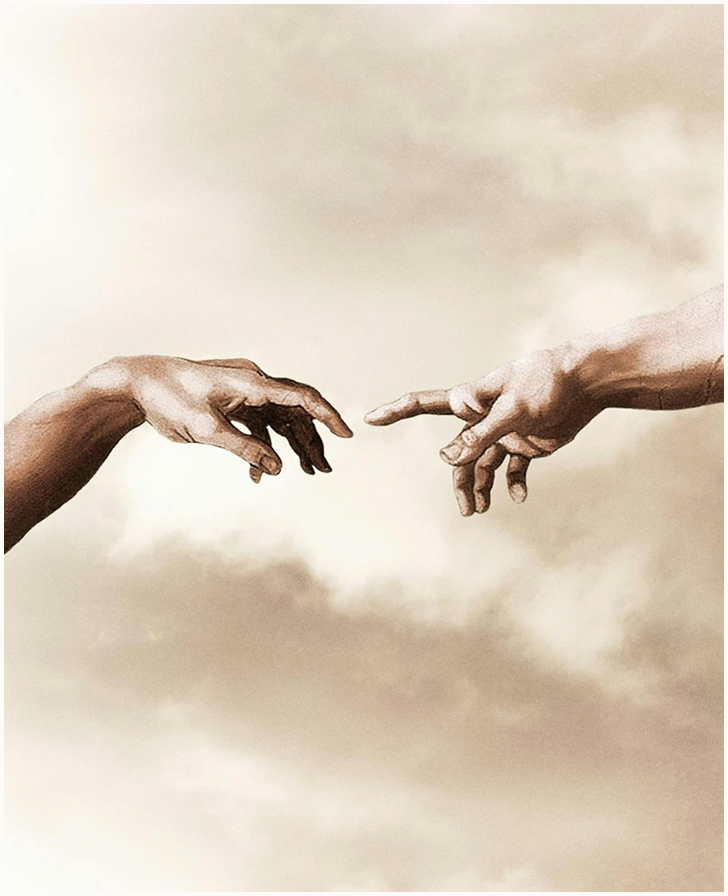 Classical fresco of reaching hands